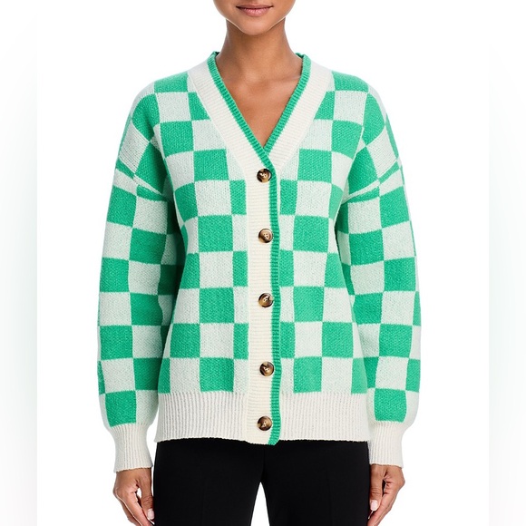 Aqua Sweaters - Aqua V-Neck Button Up Mint Green White Checkerboard Sweater Cardigan Large Retro